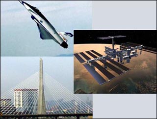 A collage of three photos: the X-31, the International Space Station, and the Leonard P. Zakim Bunker Hill Bridge. A collage of three photos: the X-31, the International Space Station, and the Leonard P. Zakim Bunker Hill Bridge.