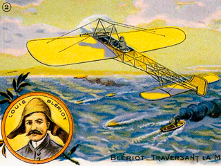 The image is a painting of a yellow old-time airplane flying across a blue ocean. At the lower left bottom is a portrait of the pilot with a name of Louis Bleriot written around the portrait. The image is a painting of a yellow old-time airplane flying across a blue ocean. At the lower left bottom is a portrait of the pilot with a name of Louis Bleriot written around the portrait.