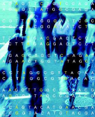 A nucleotide letter sequence overlaid onto a blurry photo of people crossing a street. A nucleotide letter sequence overlaid onto a blurry photo of people crossing a street.