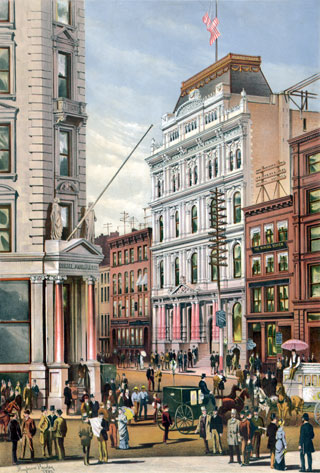 The New York Stock Exchange in 1882. A tall classical-style building with an American flag on top. Ladies and gentlemen are walking and riding in horse-drawn carriages at street-level. The New York Stock Exchange in 1882. A tall classical-style building with an American flag on top. Ladies and gentlemen are walking and riding in horse-drawn carriages at street-level.