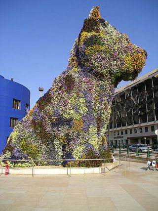 Photograph of a 12-meter-high puppy sculpture covered with flowers. Photograph of a 12-meter-high puppy sculpture covered with flowers.
