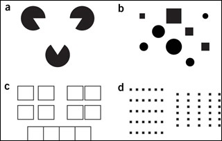 A is three black circles with a white triangle superimposed. B is a smattering of black circles and squares of various sizes. C is squares arranged together. D is pixels arranged in matrix with different spacing between the rows and columns. A is three black circles with a white triangle superimposed. B is a smattering of black circles and squares of various sizes. C is squares arranged together. D is pixels arranged in matrix with different spacing between the rows and columns.