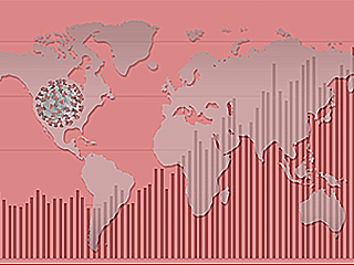 Graphic of world map with COVID image overlay Graphic of world map with COVID image overlay