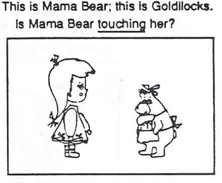 A little girl and a bear with text, 'This is Mama Bear; this is Goldilocks. Is Mama Bear touching her?' A little girl and a bear with text, 'This is Mama Bear; this is Goldilocks. Is Mama Bear touching her?'