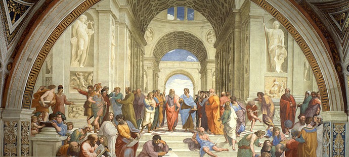 An ancient Greek fresco depicting people standing in a grand building talking together, dressed in togas. An ancient Greek fresco depicting people standing in a grand building talking together, dressed in togas.