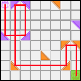 Grid of tiles with lavender player pieces and tangerine player pieces. Grid of tiles with lavender player pieces and tangerine player pieces.