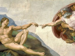 A painting of a bearded man (God) touching the hand of a naked man (Adam). A painting of a bearded man (God) touching the hand of a naked man (Adam).