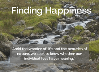 A quote about happiness is overlayed over a photo of a stream. A quote about happiness is overlayed over a photo of a stream.