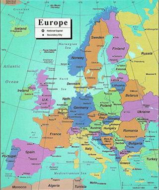 A multi-colored map with national capitals and secondary cities marked. A multi-colored map with national capitals and secondary cities marked.