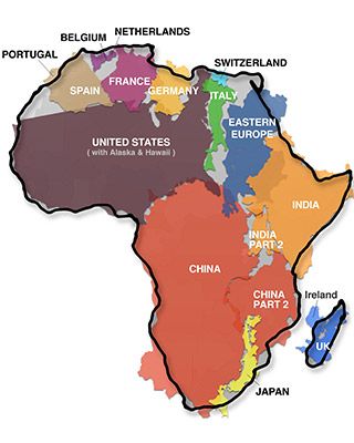 A color map of Africa made up of the superimposed shapes of other countries. A color map of Africa made up of the superimposed shapes of other countries.
