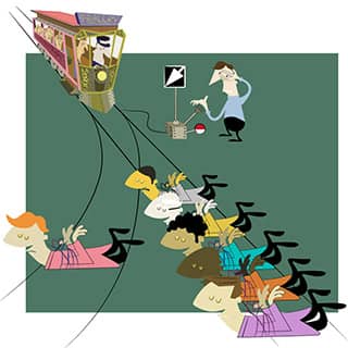 A color illustration of a trolley headed towards two tracks: one with six people tied to it, the other with one person tied to it. On the side, a man stands with his hand on a lever. A color illustration of a trolley headed towards two tracks: one with six people tied to it, the other with one person tied to it. On the side, a man stands with his hand on a lever.