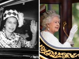 A young woman waving out of an open car window, and another image of the same woman when much older, wearing a crown and waving out the window of a state coach. A young woman waving out of an open car window, and another image of the same woman when much older, wearing a crown and waving out the window of a state coach.