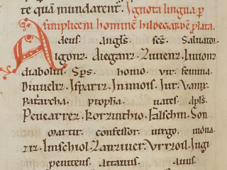 Several lines of handwritten manuscript in Caroline minuscule script, consisting of made-up words interlineated with Latin glosses. Several lines of handwritten manuscript in Caroline minuscule script, consisting of made-up words interlineated with Latin glosses.