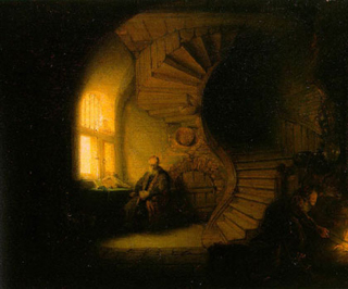 A painting of a man sitting, looking out a window. A painting of a man sitting, looking out a window.