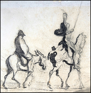 Drawing of Don Quixote on horseback carrying a lance and leading Sancho Panza on a donkey. Drawing of Don Quixote on horseback carrying a lance and leading Sancho Panza on a donkey.