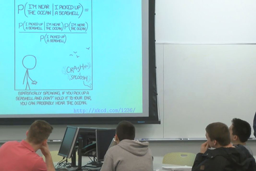 <p>This course served as an elementary introduction to probability and statistics for non-math majors who will encounter statistics in their professional lives.</p> <p>As students entered the classroom for Tuesday and Thursday class sessions, they were typically greeted with a comic or image related to the topic(s) for the day.</p> Four students sitting at a table look up at a projector screen that is showing a comic.