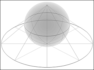 A gray sphere with black lines projecting from a single point on the sphere to a flat circle below. A gray sphere with black lines projecting from a single point on the sphere to a flat circle below.