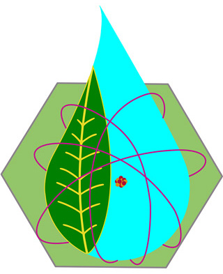Logo combines electron orbits, a leaf, a water drop, an atomic nucleus, and the hexagon shape of a reactor core. Logo combines electron orbits, a leaf, a water drop, an atomic nucleus, and the hexagon shape of a reactor core.
