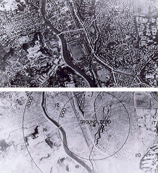 Two aerial photographs of Nagasaki, Japan. One shows the city with buildings and roads, and the latter shows the city completely wiped out. Two aerial photographs of Nagasaki, Japan. One shows the city with buildings and roads, and the latter shows the city completely wiped out.
