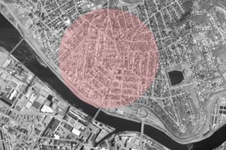 Aerial photograph with the Centralville neighborhood highlighted in pink. Aerial photograph with the Centralville neighborhood highlighted in pink.