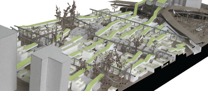 An illustration of a model showing a radical series of raised green areas and walkways through the center of a densely populated area. An illustration of a model showing a radical series of raised green areas and walkways through the center of a densely populated area.
