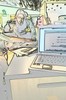 A photo of a laptop on a desk with a girl in the background.