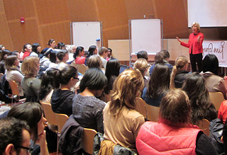 Photo of Dr. Barbara Tannenbaum speaking at the front of an auditorium. Photo of Dr. Barbara Tannenbaum speaking at the front of an auditorium.